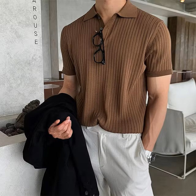 Summer Men's Clothing Retro Knit Lapel Striped Polo Shirt Solid Color Short Sleeve Fashion Light Luxury Popular Knitwear M-3XL dealshavens