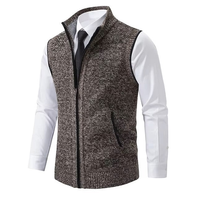 Vest Men's Knitted Sleeveless Sweater Wool Velvet Zipper Cardigan Turn-down Pullovers Turtleneck Sweatercoat Knit Waistcoat - Dealshavens