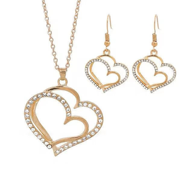 3 Pcs Set Heart Shaped Jewelry Set Of Earrings Pendant Necklace For Women Exquisite Fashion Rhinestone Double Heart Jewelry Set dealshavens