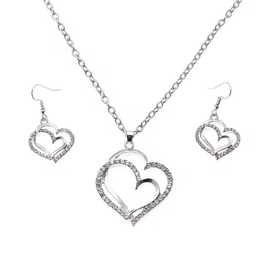 3 Pcs Set Heart Shaped Jewelry Set Of Earrings Pendant Necklace For Women Exquisite Fashion Rhinestone Double Heart Jewelry Set dealshavens