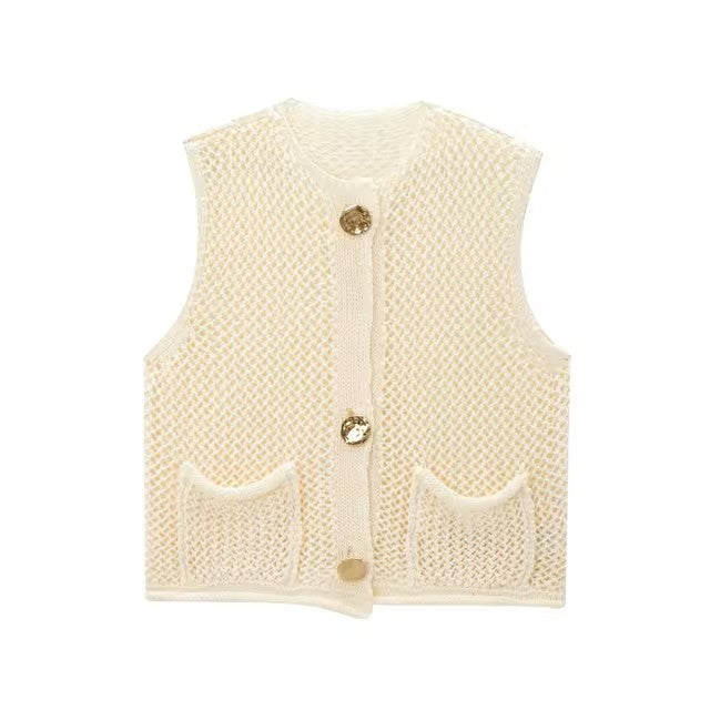 TRAF Women Fashion Sleeveless Coarse Needle Knitting Vest Sweater Female Chic Big Pockets Patch Buttons Cardigan Waistcoat Tops - Dealshavens