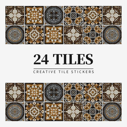 24 pieces of Mandala Retro Pattern Glossy Self-adhesive Tile Stickers for Kitchen and Bathroom Removable Waterproof Wall Sticker Dealshavens