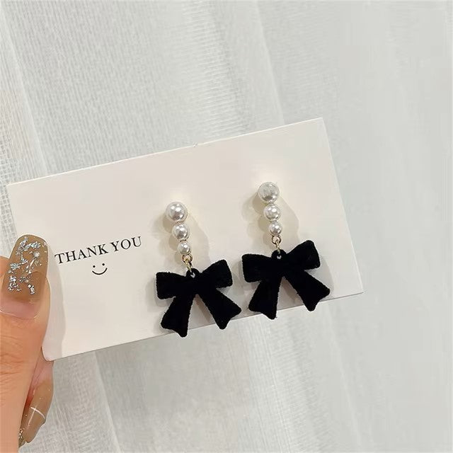 Red Black Bowtie Earrings for Women Girls Simulated Pearl Cloth Bow Tie Earrings Jewelry Ear Accessories Beautiful Gifts dealshavens