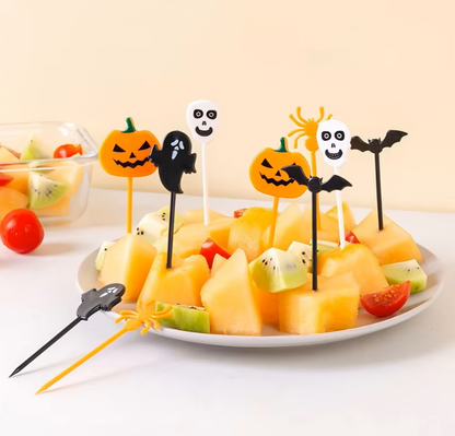 10PCS Plastic Halloween Toothpicks Halloween Cupcake Topper Ghost Bat Spider Fruit Toothpicks Halloween Party Cake Decorations