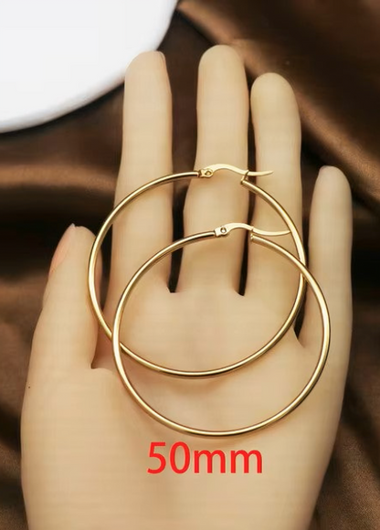 1Pairs/2Pcs 10 To 70mm Gold Color Big Round Stainless Steel Earrings Trendy Jewelry For Women