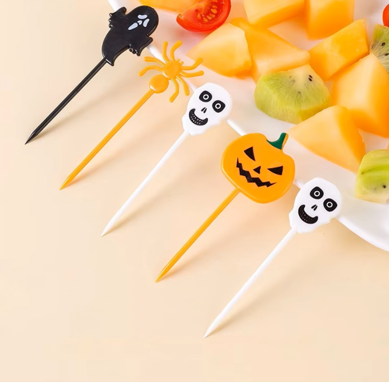 10PCS Plastic Halloween Toothpicks Halloween Cupcake Topper Ghost Bat Spider Fruit Toothpicks Halloween Party Cake Decorations