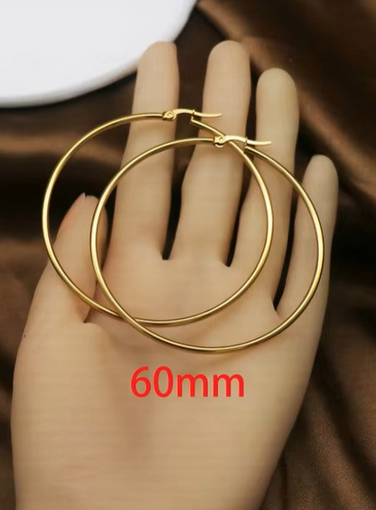 1Pairs/2Pcs 10 To 70mm Gold Color Big Round Stainless Steel Earrings Trendy Jewelry For Women