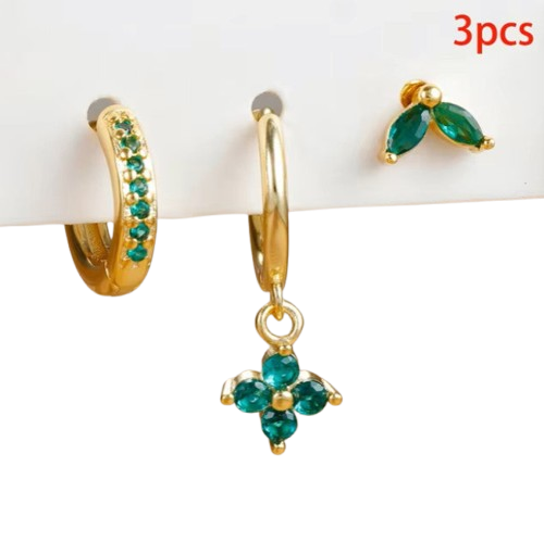 3PCS Exquisite Green Zircon Hanging Earrings Set for Women Stainless Steel Flower Dangle Earring Cartilage Piercing Jewelry