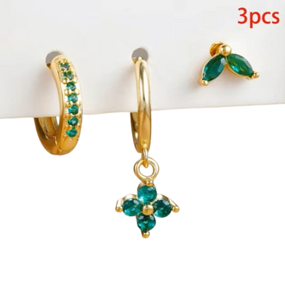 3PCS Exquisite Green Zircon Hanging Earrings Set for Women Stainless Steel Flower Dangle Earring Cartilage Piercing Jewelry