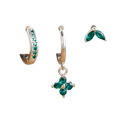 3PCS Exquisite Green Zircon Hanging Earrings Set for Women Stainless Steel Flower Dangle Earring Cartilage Piercing Jewelry