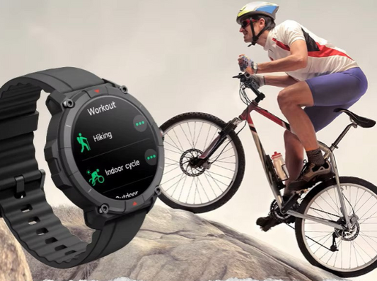 Smart Watch and a person climbing 
cycle on mountains