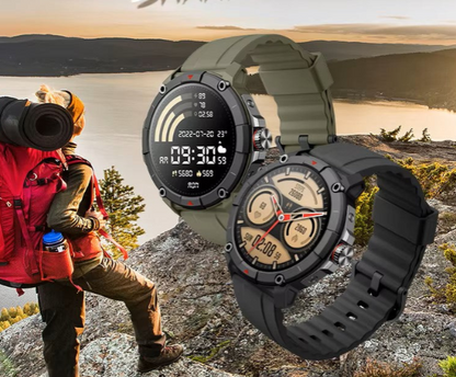 MASX Oasis X Smart Watch and a person standing on a mountain