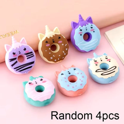 4 Pcs Cute Kawaii Donut Rubber Eraser Creative Pencil Erasers School Supplies Stationery Kids Students Cool Prizes