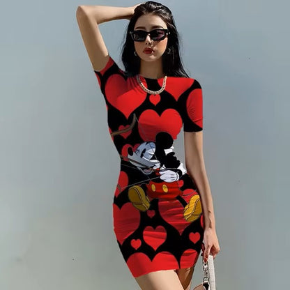 Disney Minnie Mickey Mouse bow print Elegant Pencil Dress Womens Simple Sheath Office Dresses Summer Short sleeve Casual Vestido Dealshavens