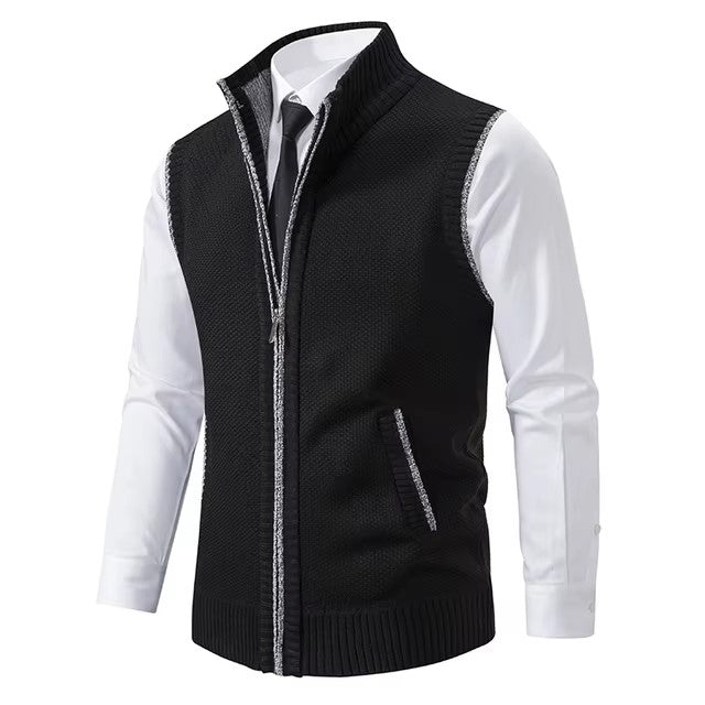 Vest Men's Knitted Sleeveless Sweater Wool Velvet Zipper Cardigan Turn-down Pullovers Turtleneck Sweatercoat Knit Waistcoat - Dealshavens