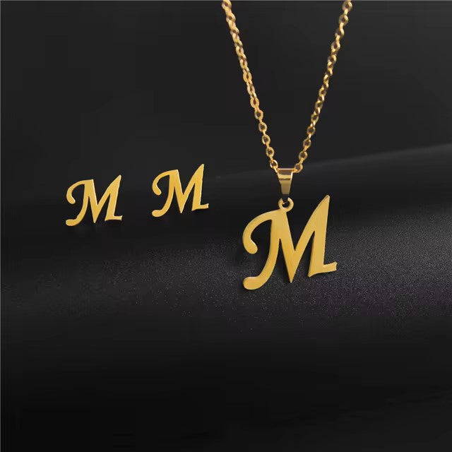 A-Z 26 charm Initial Necklace And Stud Earrings Jewelry Sets Alphabet Pendant Chain Letter mom Gifts Drop Shipping Dealshavens