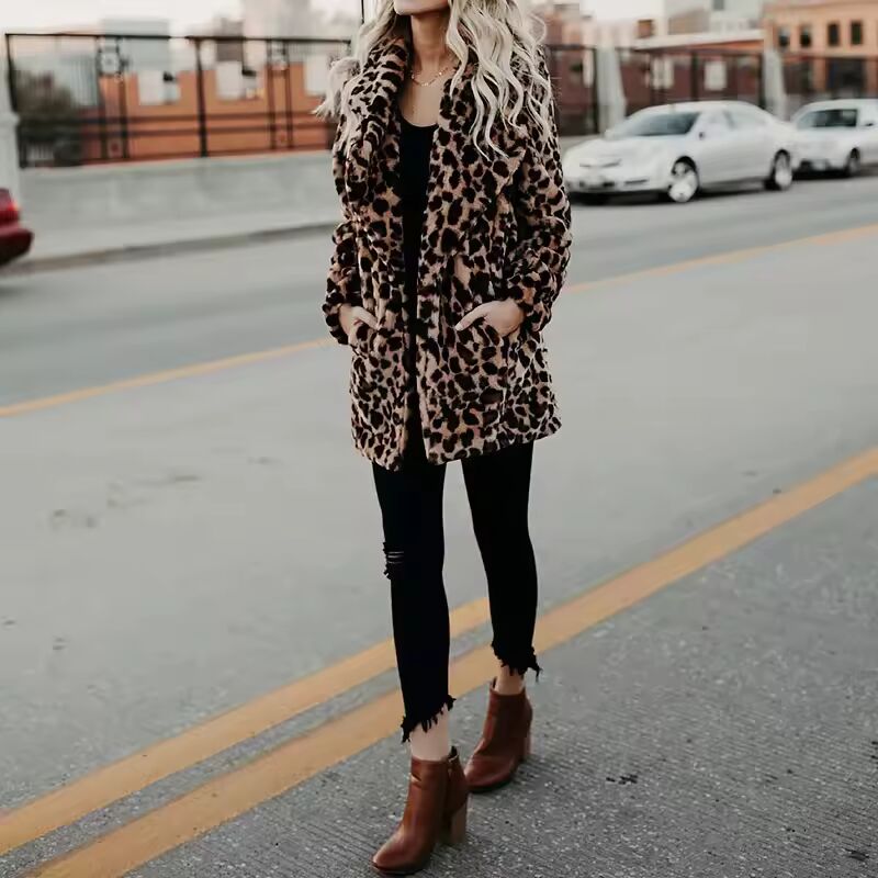 "Faux Fur Coat Women Leopard Print Winter Jacket"