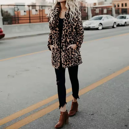"Faux Fur Coat Women Leopard Print Winter Jacket"