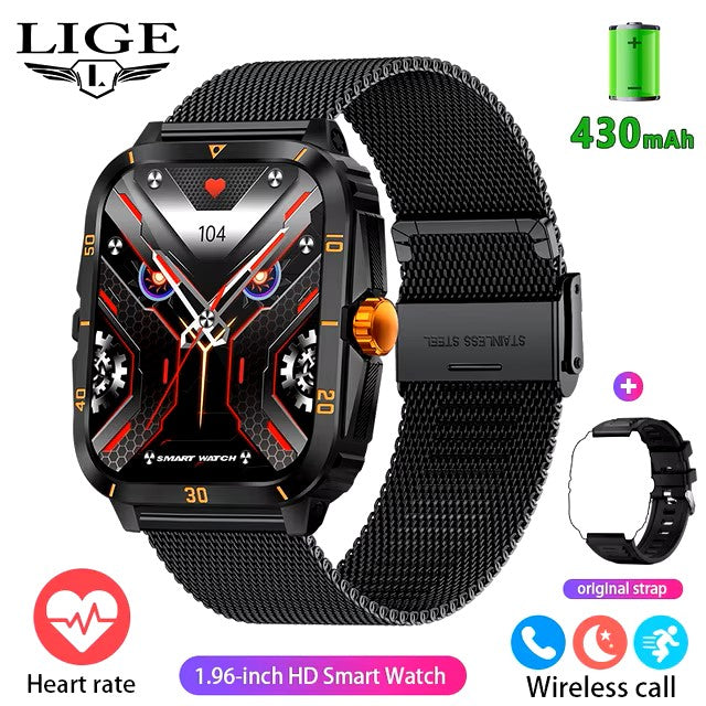 LIGE 2024 Military Smart Watches Men 1.96" Screen Bluetooth Call Heart Rate Monitor Sport Fitness Waterproof Outdoor Smartwatch dealshavens