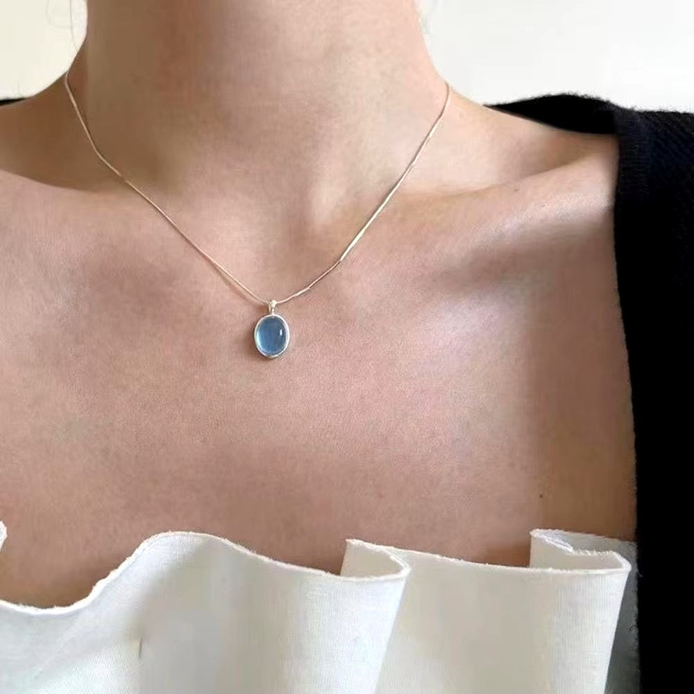 Silver Color Oval Aquamarine Pendant Necklace Ladies Girls Luxury Snake Chain Necklace Fashion Jewelry Gifts For Women 2024 New Dealshavens