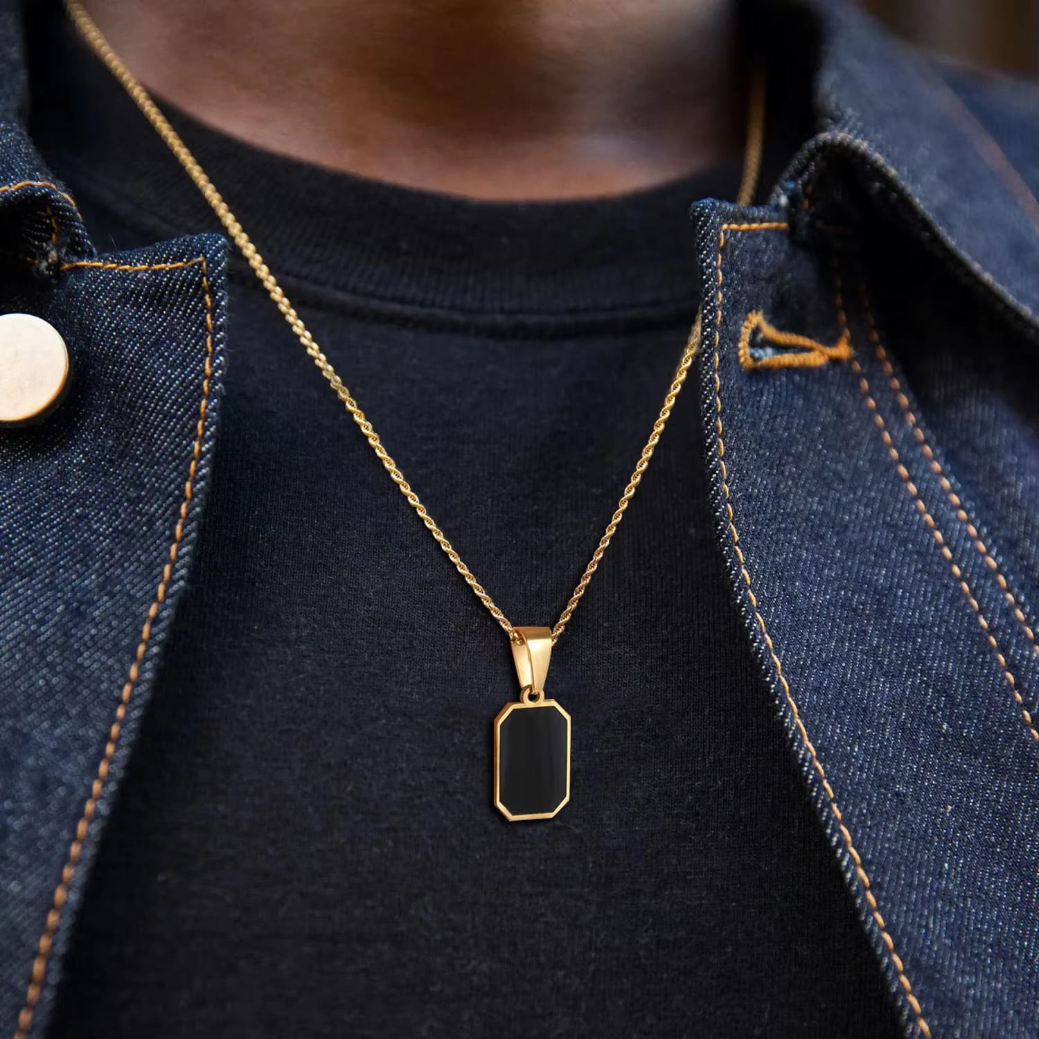 Stylish Gold Color Mens Geometric Square Necklaces,Black Enamel Rectangle Pendant with Rope Box Chain Collar Gift Jewelry Dealshavens