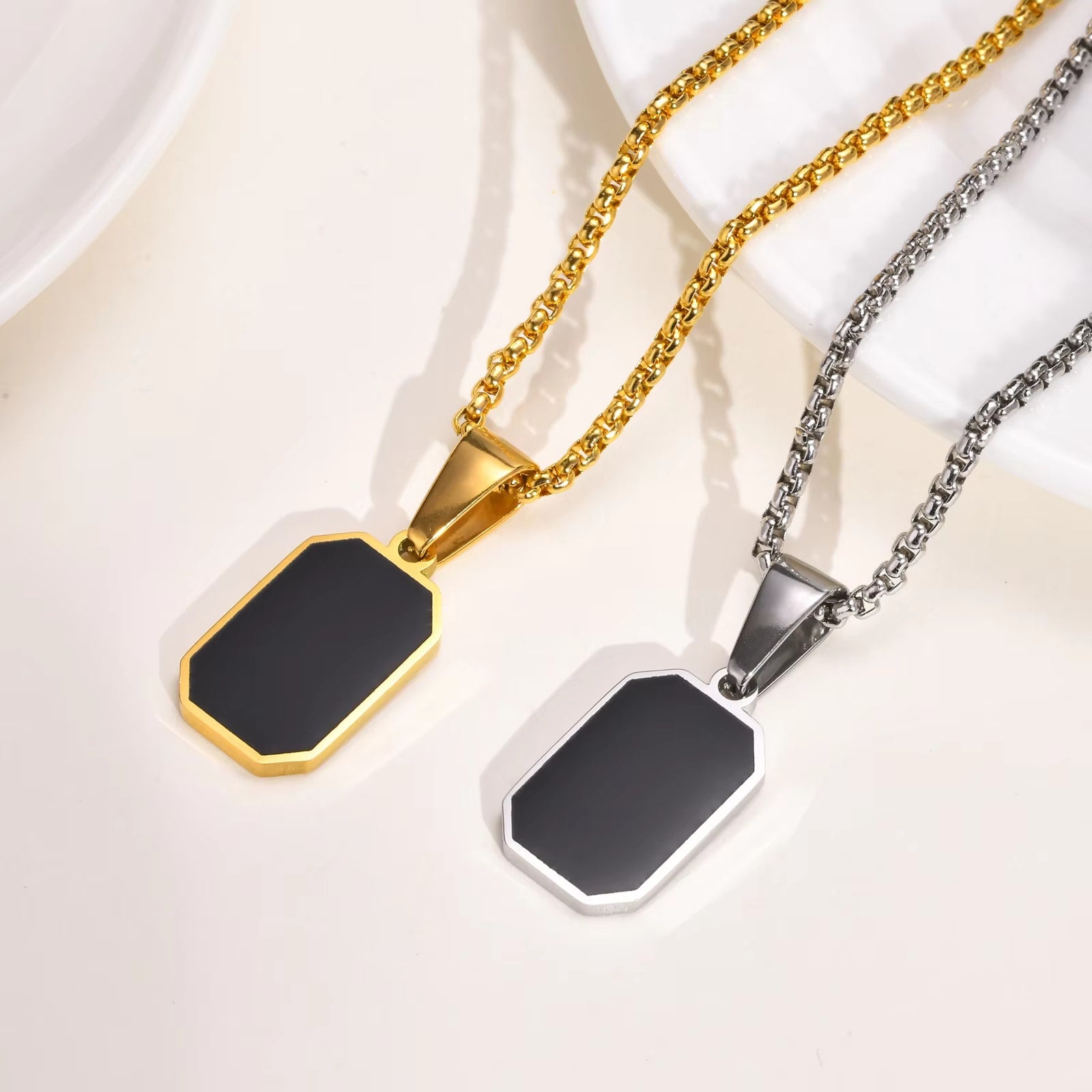 Stylish Gold Color Mens Geometric Square Necklaces,Black Enamel Rectangle Pendant with Rope Box Chain Collar Gift Jewelry Dealshavens