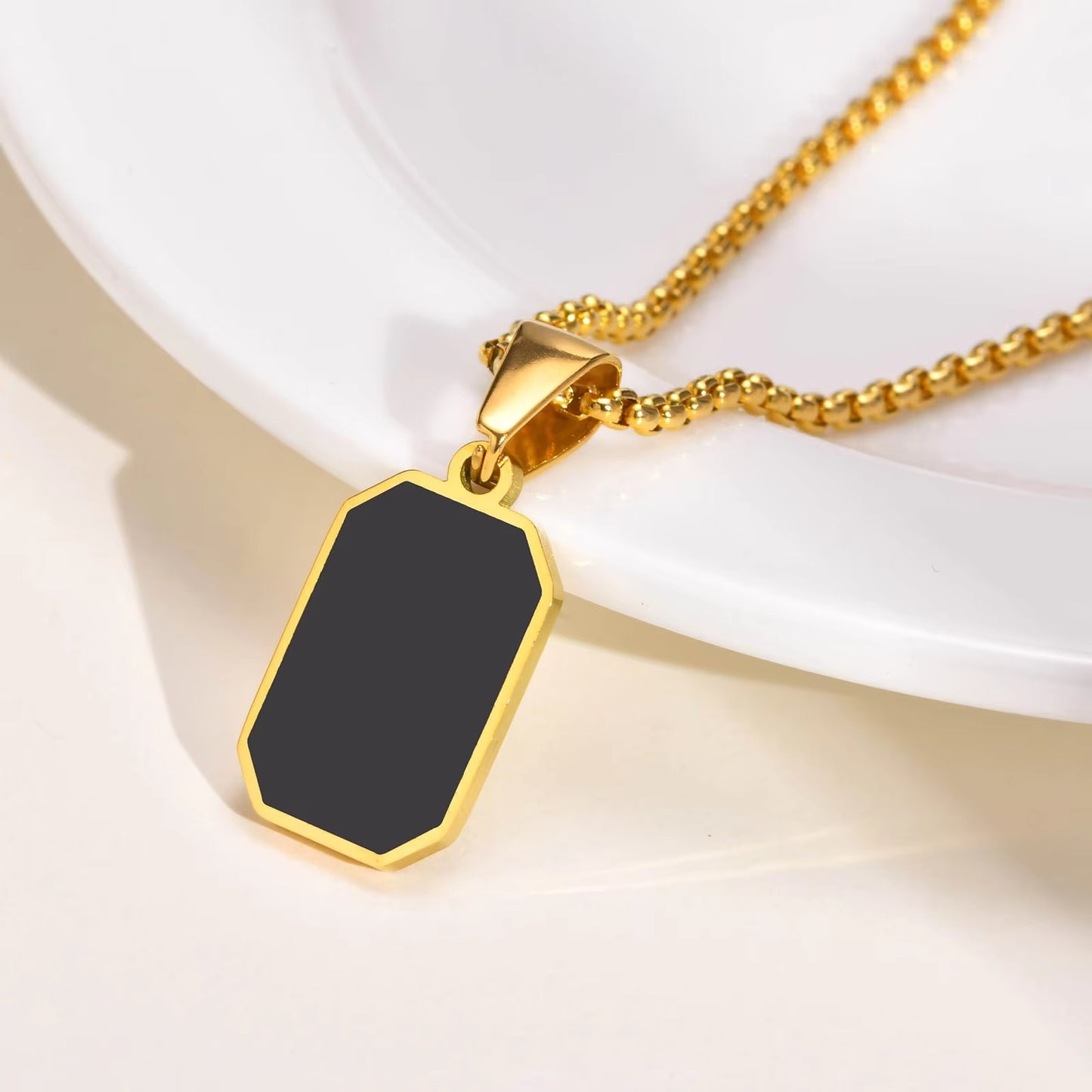 Stylish Gold Color Mens Geometric Square Necklaces,Black Enamel Rectangle Pendant with Rope Box Chain Collar Gift Jewelry Dealshavens