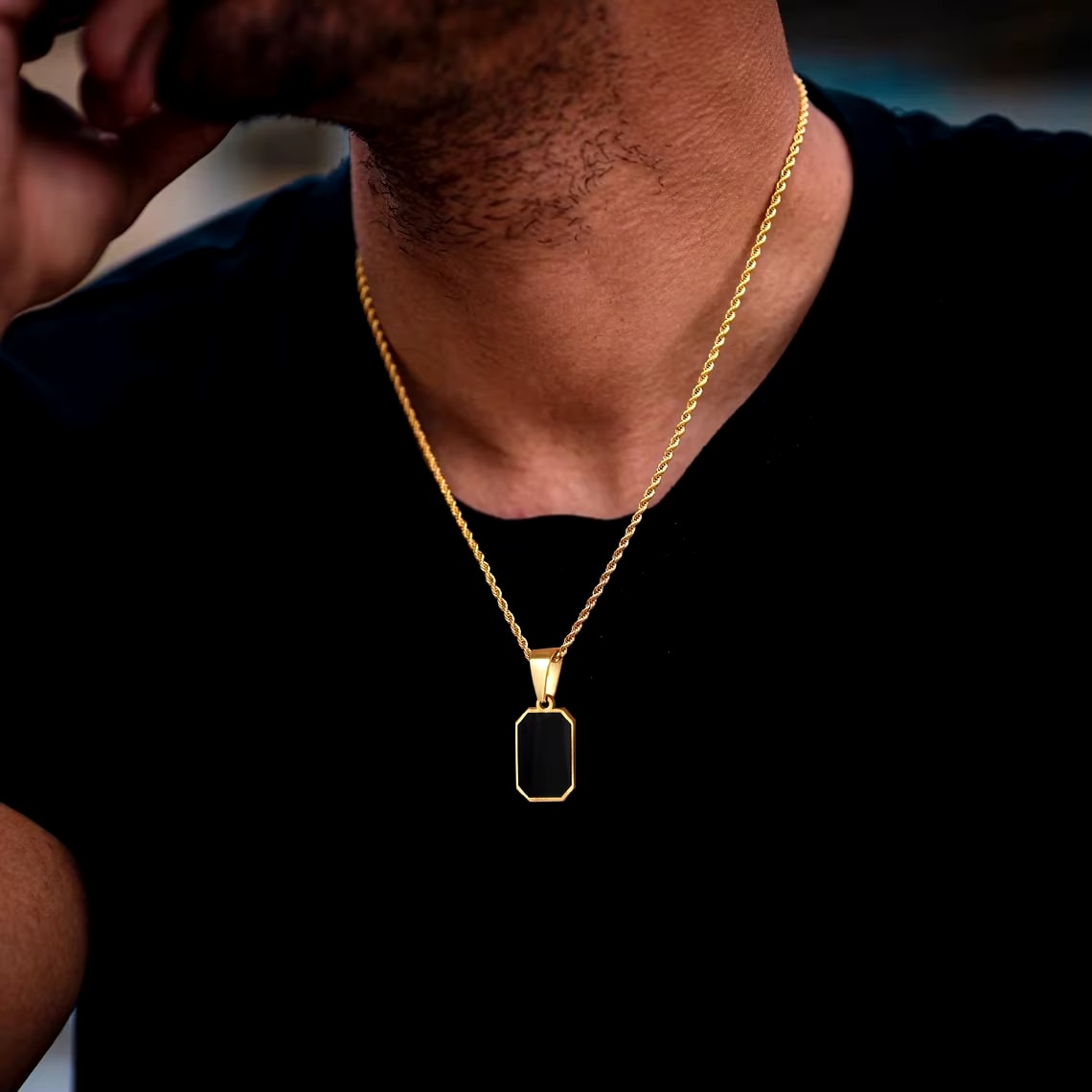 Stylish Gold Color Mens Geometric Square Necklaces,Black Enamel Rectangle Pendant with Rope Box Chain Collar Gift Jewelry Dealshavens