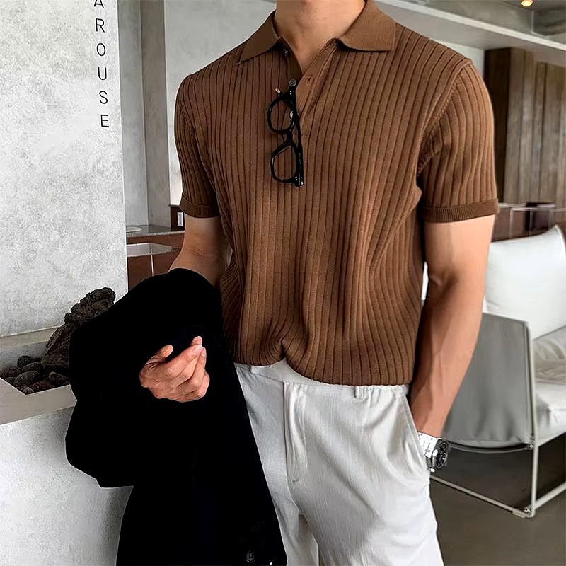 Summer Men's Clothing Retro Knit Lapel Striped Polo Shirt Solid Color Short Sleeve Fashion Light Luxury Popular Knitwear M-3XL dealshavens