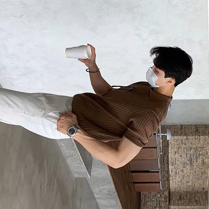 Summer Men's Clothing Retro Knit Lapel Striped Polo Shirt Solid Color Short Sleeve Fashion Light Luxury Popular Knitwear M-3XL dealshavens