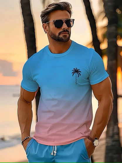 Summer fashion men's T-shirt with coconut tree print pattern casual loose street fashion fitness round neck short-sleeved top