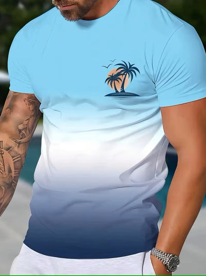 Summer fashion men's T-shirt with coconut tree print pattern casual loose street fashion fitness round neck short-sleeved top