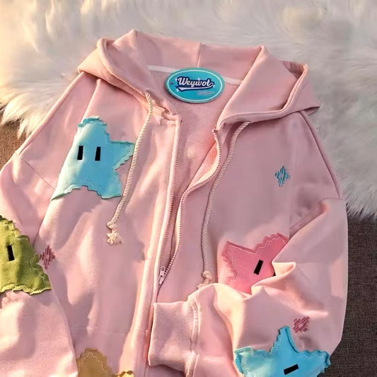 Sweatshirt Zip Hoodie Y2k Streetwear Loose Vintage Clothes Tops Harajuku Jacket Casual Gothic Oversized Cartoon Patchwork Top Dealshavens