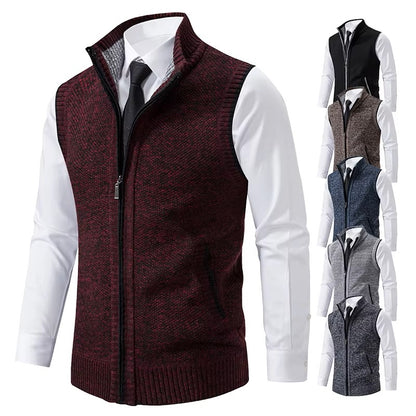 Vest Men's Knitted Sleeveless Sweater Wool Velvet Zipper Cardigan Turn-down Pullovers Turtleneck Sweatercoat Knit Waistcoat - Dealshavens