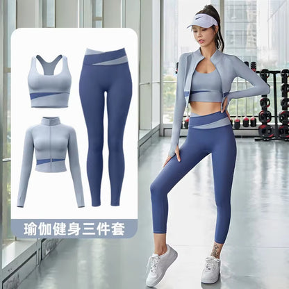 Women Yoga Patchwork 3 Piece Set Fitness Gym Coats+Bra+Leggings Workout Running Sportswear Clothing Tracksuit Ensemble Femme - Dealshavens