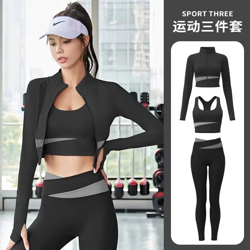 Women Yoga Patchwork 3 Piece Set Fitness Gym Coats+Bra+Leggings Workout Running Sportswear Clothing Tracksuit Ensemble Femme - Dealshavens