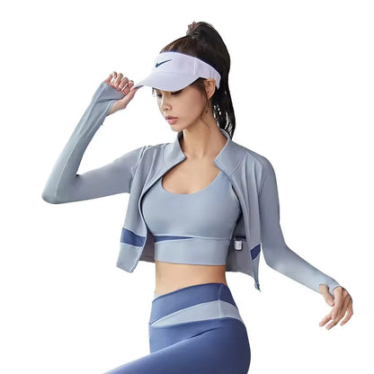 Women Yoga Patchwork 3 Piece Set Fitness Gym Coats+Bra+Leggings Workout Running Sportswear Clothing Tracksuit Ensemble Femme - Dealshavens