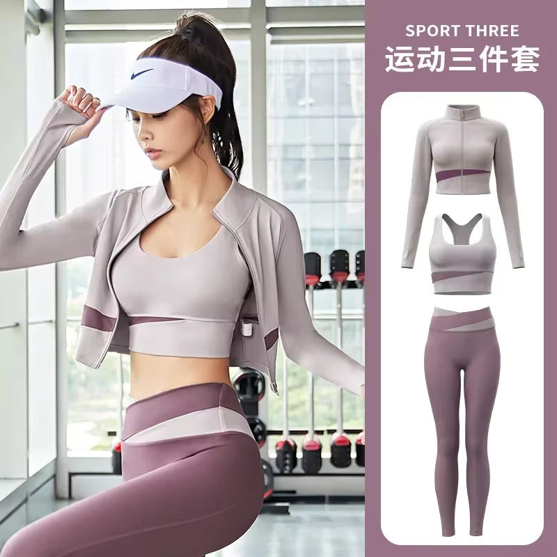 Women Yoga Patchwork 3 Piece Set Fitness Gym Coats+Bra+Leggings Workout Running Sportswear Clothing Tracksuit Ensemble Femme - Dealshavens