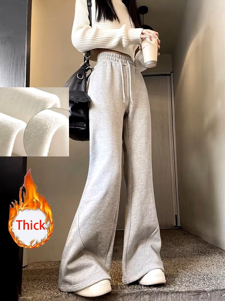 Zoki Korean Winter Thick Flare Pants Women Casual High Waist M-3Xl Grey Trousers Lace Up New Pockets Loose Streetwear Sweatpants - Dealshavens